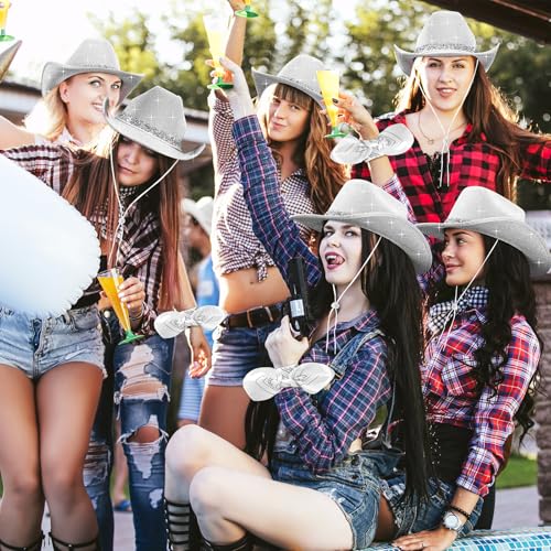 Image of Coume 12 Pcs Sparkly Adults Cowboy Hat and Bandanas Women Men Western Glitter Cowgirl Party Hats with Adjustable Drawstring