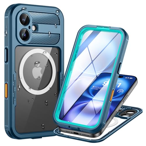 Coque iPhone 16 étanche antichoc MagSafe et étui imperméable bleu