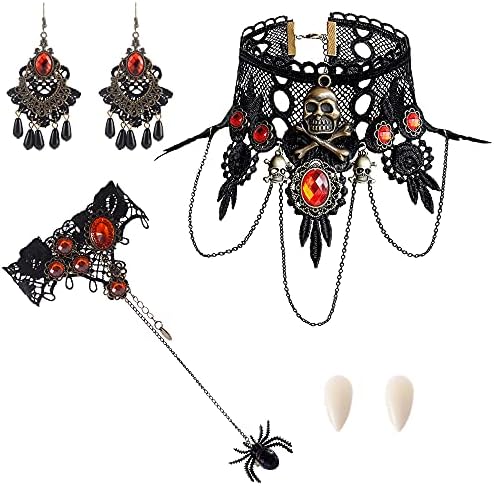 Senteria Halloween Gothic Choker Earrings Set for Women with 2Pc Vampire Teeth Fangs Retro Black Lace Necklace Bracelet Set Lolita Victorian Accessories for Vampire Night Cosplay,Halloween Party