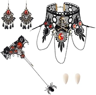 Senteria Halloween Gothic Choker Earrings Set for Women with 2Pc Vampire Teeth Fangs Retro Black Lace Necklace Bracelet Set Lolita Victorian Accessories for Vampire Night Cosplay,Halloween Party