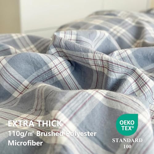 Image of Plaid Duvet Cover Full Size Blue White Gingham Grid Reversible Bedding Set 3 Pcs Checkered Geometric Soft Breathable Microfiber Comforter Cover Set with Zipper Closure and 2 Pillowcases