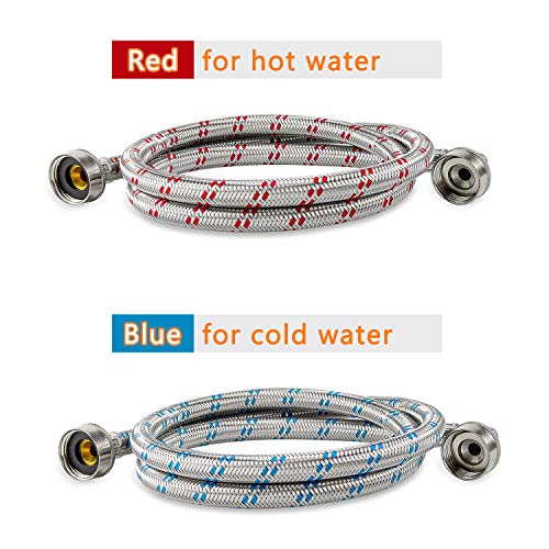 Cenipar Washing Machine Hoses 6 feet Premium Stainless Steel with 90 Degree Elbow, Burst Proof (cost-effective 2 pack) Red and Blue Striped Water Connection Inlet Supply Lines - Thumbnail 2