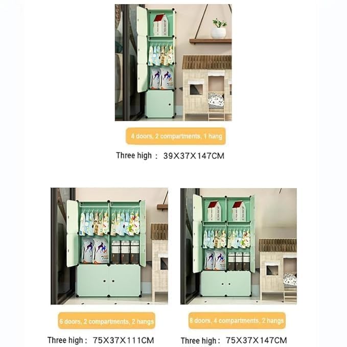 Image of LUHI Plastic Wardrobe for Kids Clothes - Easy to Use Anti-Skid & Non-Slip Effective Professional, Plastic Cupboard for Kids, Foldable Almirah, Collapsible Wardrobe (Green U3, 6-Shelf-6-Door)