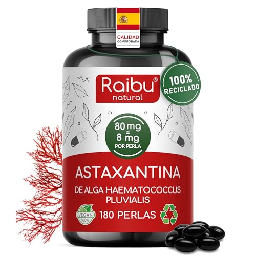 Astaxantina Natural Pura - 80 mg (equivalente a 8 mg de Astaxantina) del alga Haematococcus pluvialis - 180 Cápsulas Veganas: 6 Meses de Suministro - Potente Antioxidante, sin Estearato de Magnesio