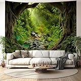 TUGCAY Misty Forest Tree Cave Tapestry Nature Green Tapestry Enchanted Rainforest Tropical Jungle Sunshine Flowing Stream Landscape Wall Tapestries for Living Room Bedroom Dorm Office (50' × 60')