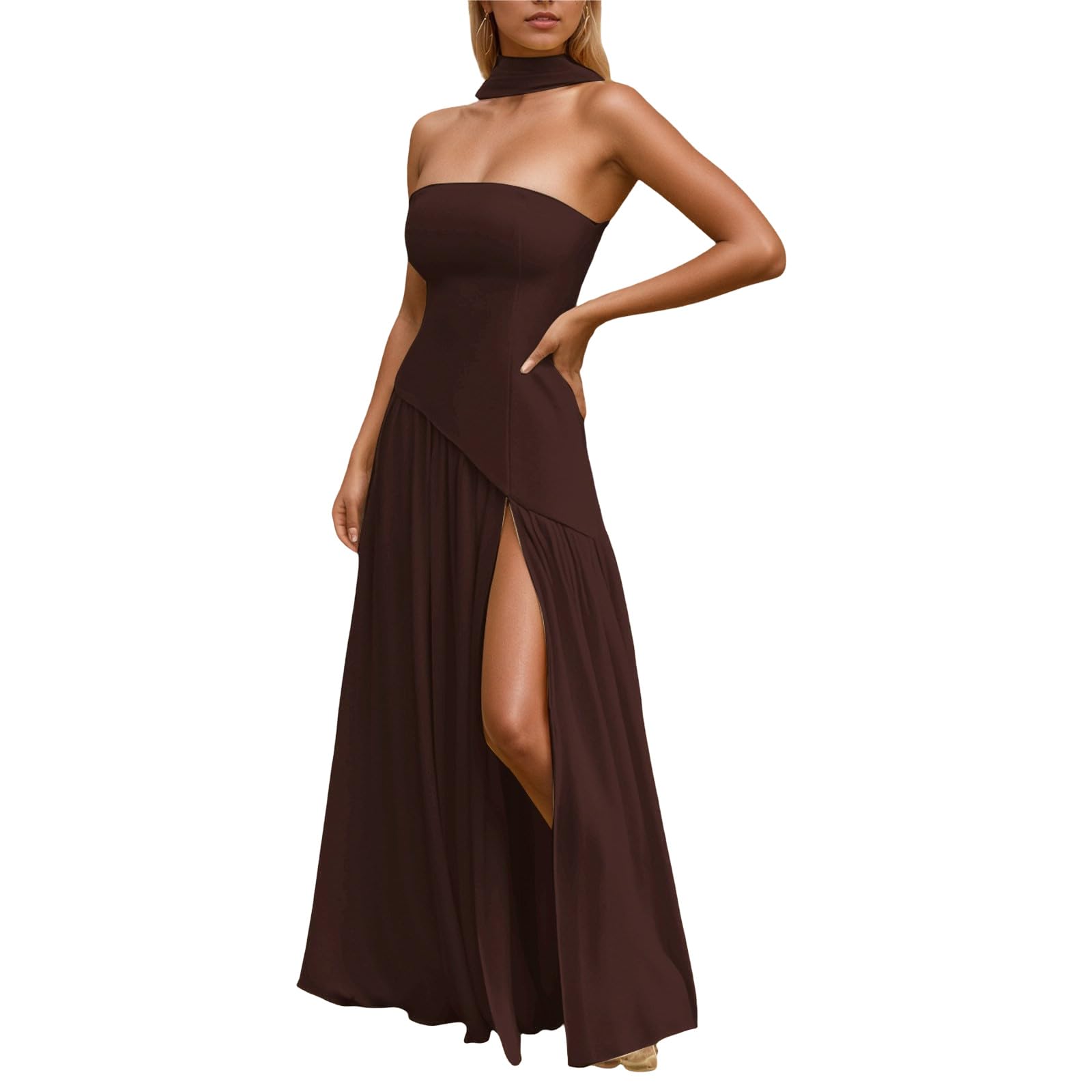 Genérico Vestido De Noche para Mujer Línea A Vestido De Corsé para Mujer Elegante Maxivestido Gasa con Pliegues Asimétricos Vestidos Formal Hombros Descubiertos Fiestas Y Graduaciones