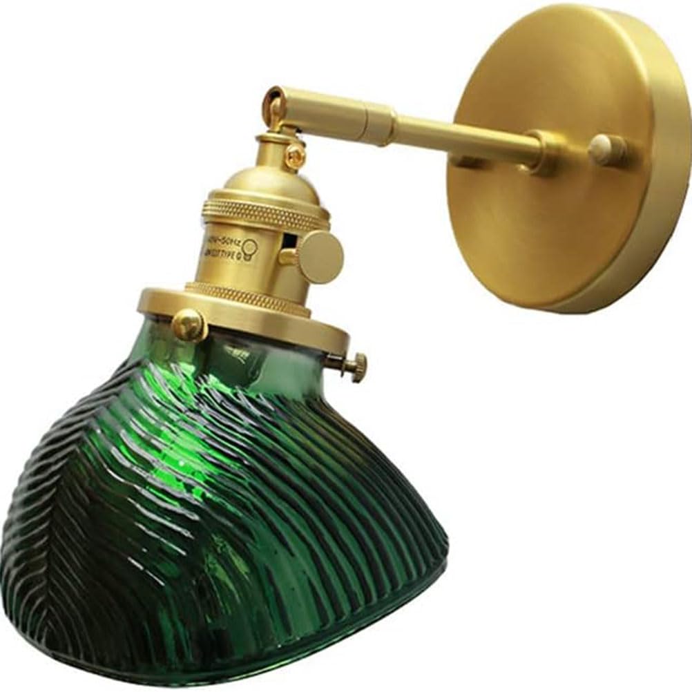 Mosiężna lampa ścienna z włącznikiem, lampka nocna, zielony klosz szklany, lampa ścienna E27 w stylu vintage, oświetlenie ścienne w stylu retro do sypialni, salonu, korytarza i schodów