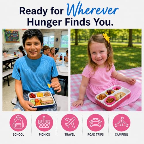 Image of kinsho Bento Lunch Box for Kids Adults, 4 Sealed Divided Compartments, Portion Control Meal or Snack Containers for Boys Girls Women Men, School Work BPA Free with Utensils, Blue + Rose Pink 2 Pack