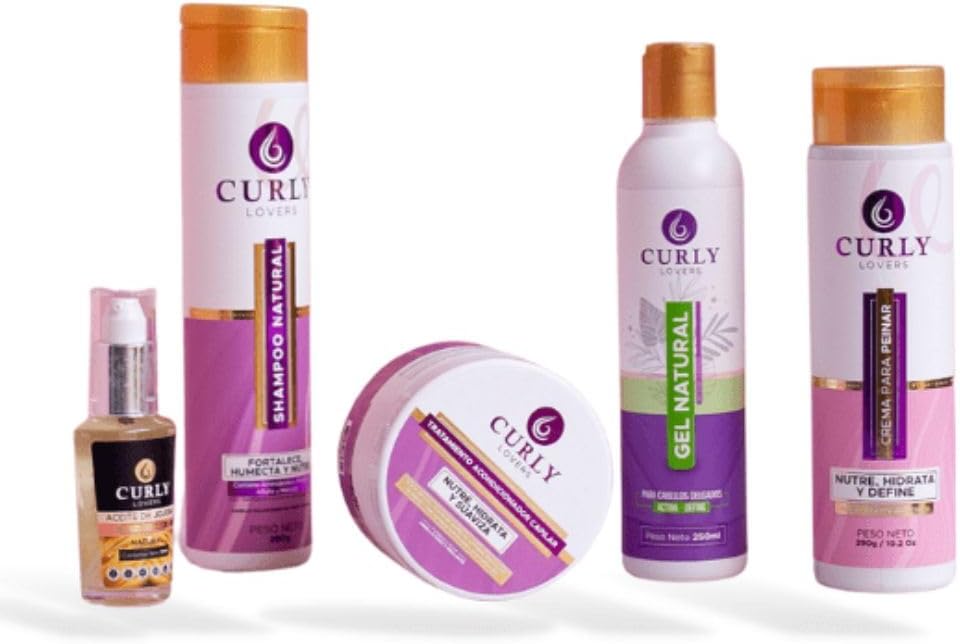 Shampoo, Tratamiento, Gel, Crema peinar, Aceite de Jojoba (5 Pack) Curly Lovers shampoo natural, Curly Lovers gel natural, Curly Lovers crema para peinar,Curly Lovers kit Love para cabello (delgado)