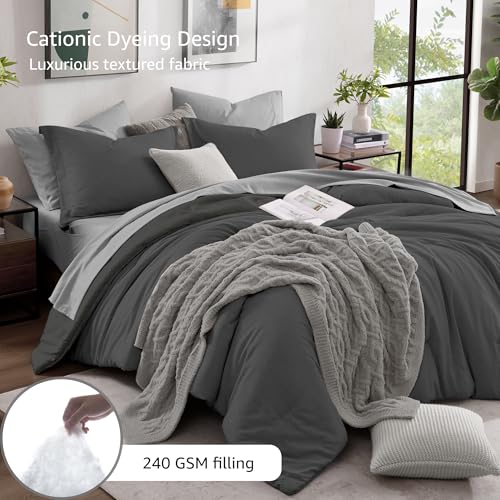 Monbix King Size Comforter Set, Dark Grey King Size Bed Set Reversible 7 Pieces, Cationic Dyeing Bed in a Bag with Comforter, Sheets, Pillowcases & Shams