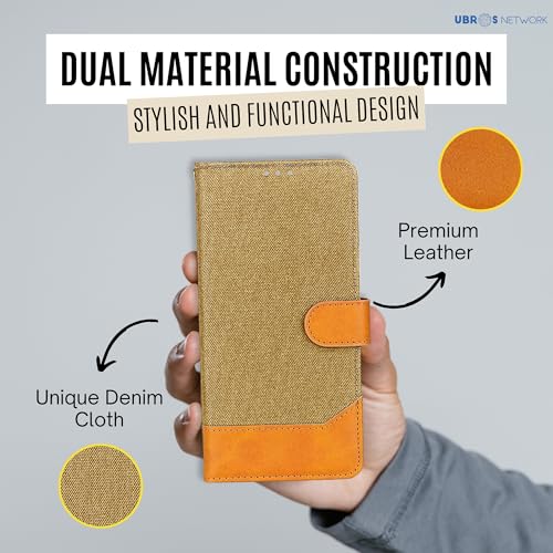 Image of Flip Cover for Samsung A32 5G | Denim & Leather | Luxury Wallet Folio | Two-Tone Design | Shockproof Wallet Style Flip Case for Samsung A32 5G (Light Brown)