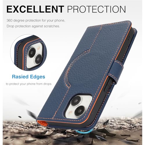 Etui coque pour iPhone 15 ELTEKER en cuir véritable bleu foncé à rabat