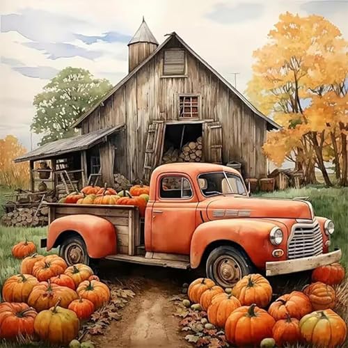 RYMILIE Autumn Truck Pumpkin Diamond Art Forest Vintage House Diamond Art Kits for Adults Beginner 5D DIY Full Drill Diamond Painting Gem Art Home Wall Art (14x14 inch)