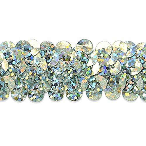 Trims by the Yard 2-Row Starlight Hologram Sequin Stretch Trim, 7/8-Inch Versatile Sequins for Crafts, Durable Sequin Trim for Costumes, Fashion, and Home Decor, 20-Yard Cut, Silver