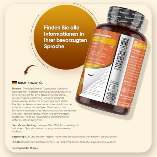 Nachtkerzenöl Weichkapseln - 1000 mg pro Softgel - 6 Monate Vorrat - 180 vegane Softgels - Omega 6 (Linolensäure, GLA) & 9 - Evening Primrose Oil - Frei von Gluten & Gentechnik - WeightWorld