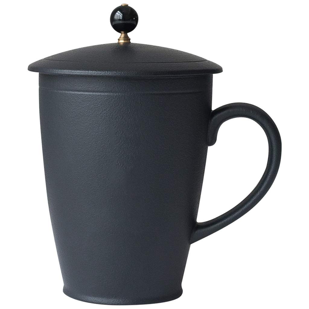Keramik Becher Keramikbecher Matte Weiße Glasurkapazität Becher mit Hangable Deckel Kreative Kaffeetasse halb gekrümmte Griff Teetasse 300ml Zuhause und Büro (Color : Black)