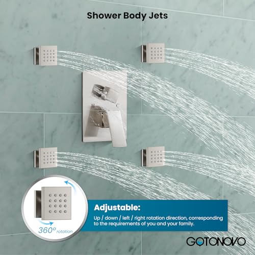 gotonovo Shower Faucet with Full Body Jets Rain Mixer 12 inch Rainfall Shower Head and Handheld Spray Combo Wall Mounted Rough-in Valve and Trim Included with 4pcs Body Message Jets Brushed Nickel - Thumbnail 6
