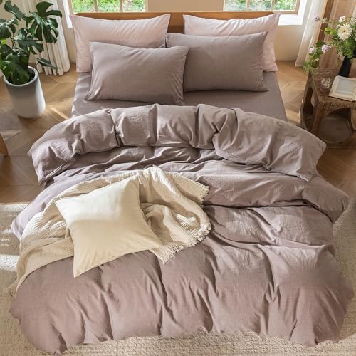 MooMee Bedding Duvet Cover Set 100% Washed Cotton Linen Like Textured Breathable Durable Soft Comfy (Heathered Mauve Brown, Palatial King/Oversized King 120"x98") by MooMee - Image 5