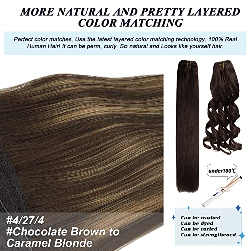 Goo Goo Human Hair Extensions Wire Hair Extensions Balayage Chocolate Brown To Caramel Blonde 95G 16 Inch Invisible Wire Hair Extensions Natural Straight Hairpiece With Secrect Fish Line Hair #TOP4