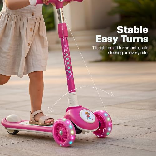 Image of Baybee Rydelle 3 Wheel Kick Scooter for Kids with LED Light Up Wheels & Music | Foldable, 3 Height Adjustable Kid Scooter Handle & Brake | Runner Scooters for Kids 2 to 10 Years Boys Girls (Red)