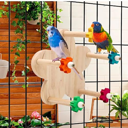 Gaderth Bird Toy Rotating Perch Toy with Bearings,Wooden Parrots Ferris Wheel Toy with Perches, Hanging Bird Stand Cage Accessories for Parakeet Parrot, Cockatiel, Budgerigar Diameter 15cm