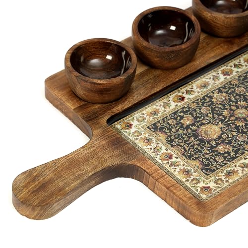 Image of Handcrafted Mango Wood Serving Platter with 3 Dip Bowls | Traditional Jamawar Kashmiri Print | Waterproof, Heat-Resistant, Food-Safe Lacquer Finish | 15.5 x 10 Inch | Made in India (3Katori: Jamawar)