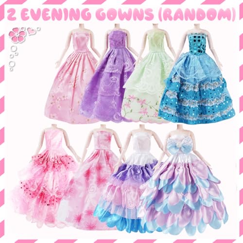 Vicloon 32 Kleidungsstücke für Puppen,Puppenkleidung,Kleidung Schmuck Zubehör Hochzeit Party Abendkleider für Puppen,2 Kleider,2 Abendkleider,2 Badenanzug,2 Top & Hosen,10 Schuhe,12 Zubehör