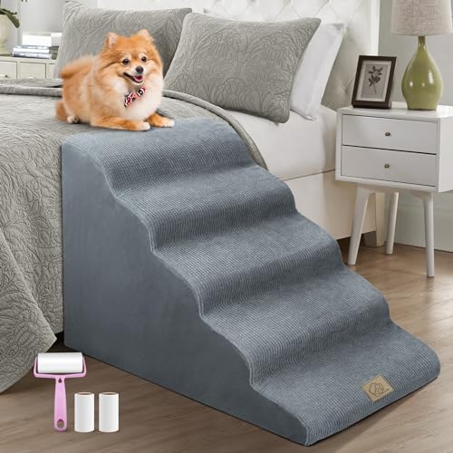 Dogs-Stairs-for-High-Bed-23in-Foam-Dog-Stairs-Steps-for-Large-Dogs-Large-Pet-Stairs-5-Steps-Dog-Ramp-to-High-Couch-Sofa-Bed-Indoor-with-Gentle-Slope-Nonslip-Bottom-Lint-Roller-Set-Gray - Cucciolini Doodles Dogs-Stairs-for-High-Bed-23in-Foam-Dog-Stairs-Steps-for-Large-Dogs-Large-Pet-Stairs-5-Steps-Dog-Ramp-to-High-Couch-Sofa-Bed-Indoor-with-Gentle-Slope-Nonslip-Bottom-Lint-Roller-Set-Gray