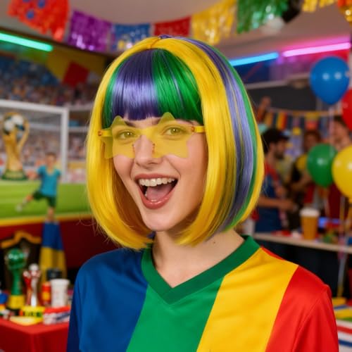 Image of ANOGOL Hair Cap + (Sunglasses) Green Blue Yellow Bob Wig with Bangs Womens Green Party Wigs with Sunglasses Short Neon Wig Fun Wigs Halloween Costume Bachelorette Hair Sports Event St Patrick Day