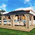 HOMPUS 12x20 FT Hardtop Wood Gazebo, Cedar Wood Frame Gazebo with Double Metal Roof, Outdoor Gazebo with Netting & Curtains, Wooden Gazebos Pavilion for Backyard, Garden, Deck, Gray