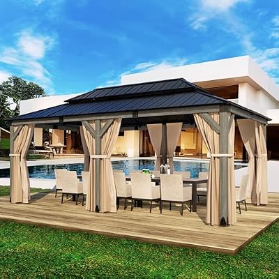 HOMPUS 12x20 FT Hardtop Wood Gazebo, Cedar Wood Frame Gazebo with Double Metal Roof, Outdoor Gazebo with Netting & Curtains, Wooden Gazebos Pavilion for Backyard, Garden, Deck, Gray