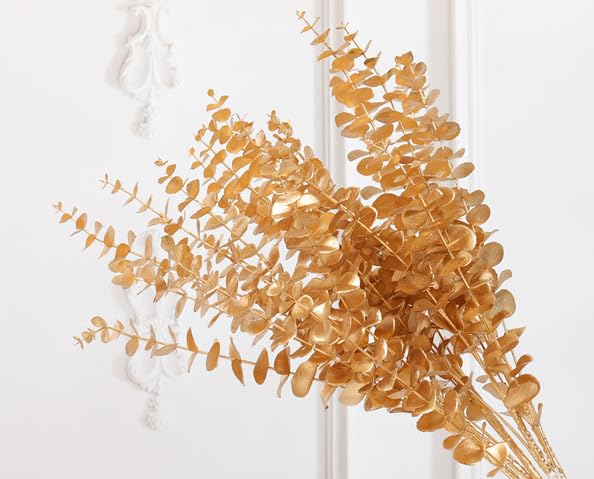 TOP-Pindu Artificial Eucalyptus Leaves, Eucalyptus Stem Plastic Artificial Plants 24 Bunches (Gold) - Image 2