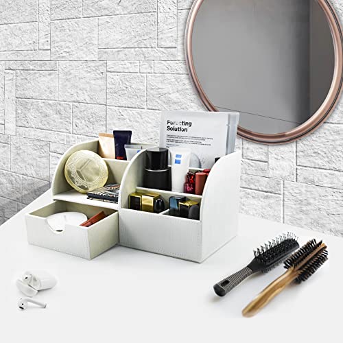 Vanra Pu Leather Desk Organizer With Drawer, Office Supplies Holder Desktop Stationery Storage Box For Business Card, Pen, Pencil, Mobile Phone Stand, Remote Caddy (White) #TOP3