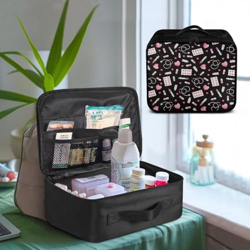 Image of Gomyblomy Black Pink First Aid Bag Empty Portable Travel Medicine Bag Storage Pouch Small Medical Bags with Double Zipper Large Capacity First Aid Kit Pouch for Home Dorm