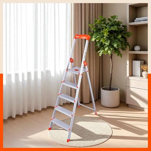 Image of Bathla Elevate 5-Step Foldable Aluminium Ladder for Home with Tool Tray | Anti-Skid | Durable, Heavy Duty, Safe & Stylish | 5-Year Warranty | Orange