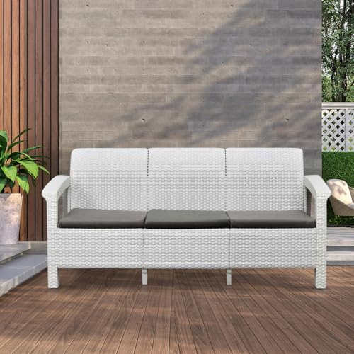 Image of Nilkamal Plastic Goa 3 Seater Balcony Sofa With Cushion | Indoor & Outdoor Furniture | Patio Chair Three Seater | Perfect For Gardens pool side cafes restaurants And Terraces Milky White & Grey
