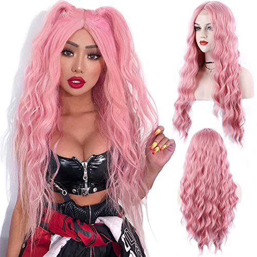 Halloween Cosplay Pink Lace Wig for Women 28 Inches Long Body Wave Wig Synthetic Wavy Wig Middle Part Lace Wig Daily Party Heat Resistant Fiber Wig Half Hand Tied (Pink(673HT))