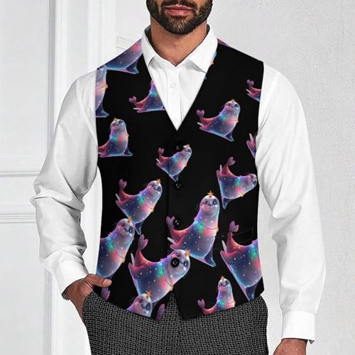 Funny Xmas Sea Lion Animals Men's Suit Vest Waistcoat Vests Formal Dress with 2 Pockets for Business Casual Tuxedo2