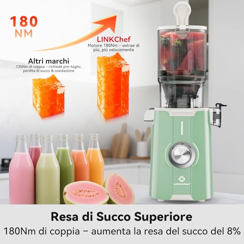 LINKChef Estrattore Frutta e Verdura, 200W Centrifuga Frutta e Verdura, 1.2L Estrattore di Succo a Freddo di Riempimento da 115 mm, Facile da Pulire, BPA Free, Verde chiaro - immagine 6