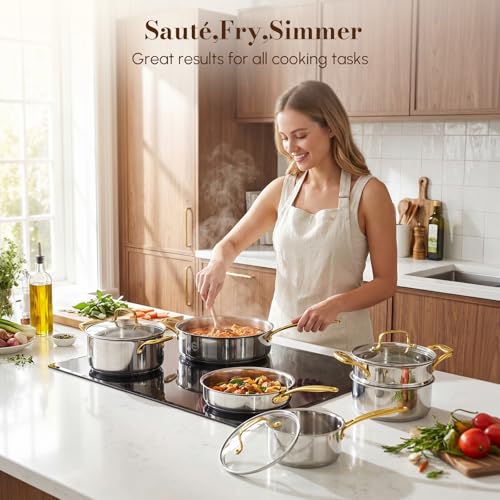 Image of Stainless Steel Cookware Set, Tri-Ply Pots and Pans Set, 20 Piece Kitchen Cooking Utensils Set with Lids, Gold Grip Handles, Induction, Oven, Non-Toxic, Dishwasher Safe, Professional Chef Quality