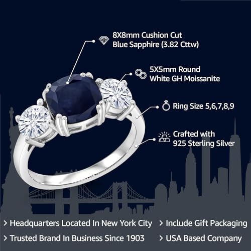 Gem Stone King 3.82 Cttw Blue Sapphire and White Moissanite 3 Stone Engagement Ring For Women | 925 Sterling Silver | Gemstone September Birthstone | Cushion 8MM | Available in Size 5,6,7,8,92