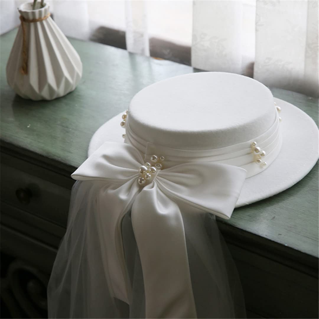 Lmtossey Cappello da Sposa in Raso Bianco Cappello da Cerimonia Nuziale con Fiocco Grande Perla Cocktail Party Elegante Fascia Fedora Velo Lungo Cappello da Sposa in Rete Tiara