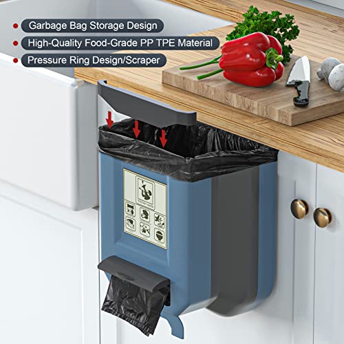 Onadak Hanging Kitchen Trash Can, Countertop Collapsible Trash Can, Small Plastic Dog Proof Trash Can, For Under Sink/Kitchen Compost Bin/Cabinet/Car/Bathroom/Bedroom/Camping (2.4 Gallon Blue Grey) #TOP2