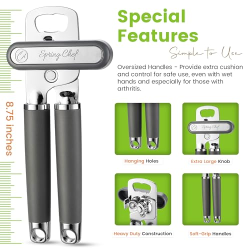 Spring Chef Stainless Steel Can Opener - Manual with Soft Grip Handles, Easy Turn, Heavy Duty Hand Can Openers for Seniors with Smooth Edge - Magnetic Lid Remover - Gray
