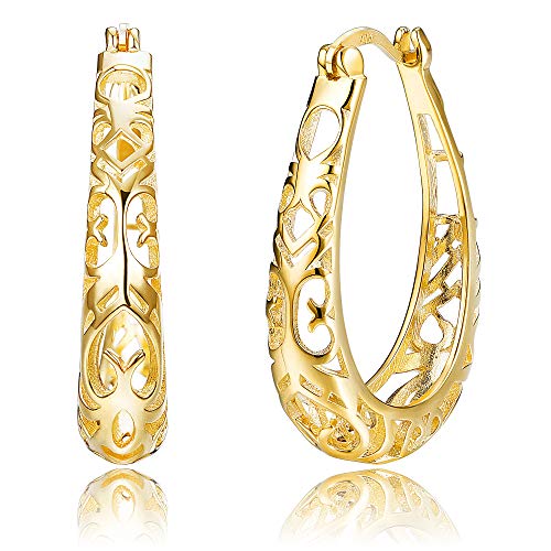 Sllaiss 925 Sterling Silver Filigree Hoop Earring for Women Girls Gold Plated Gift for Women