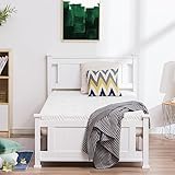VINGLI Twin Bed Frame Solid Wood Platform Bed Frame, Single Bed with Headboard, No Box Spring Needed Panel Bed, Wood Slat Support Mattress Foundation, White