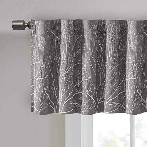 Madison Park Andora Embroidered-Rod Pocket Valance, Tree Small Faux Silk Valances for Window 50" x 18", Grey - Image 3