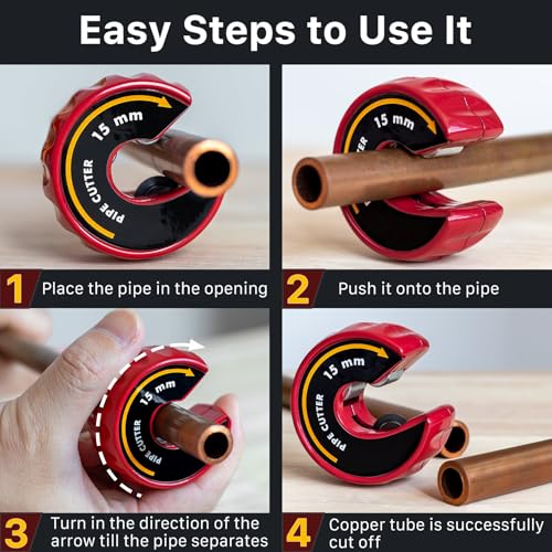 PLOWFAR Pipe Cutter 15mm and 22mm Set Copper Pipe Slice Tube Cutter Zinc Alloy Body with 2 Replacement Cutting Wheels, Red 5 PLOWFAR Pipe Cutter 15mm and 22mm Set Copper Pipe Slice Tube Cutter Zinc Alloy Body with 2 Replacement Cutting Wheels, Red - Image 5