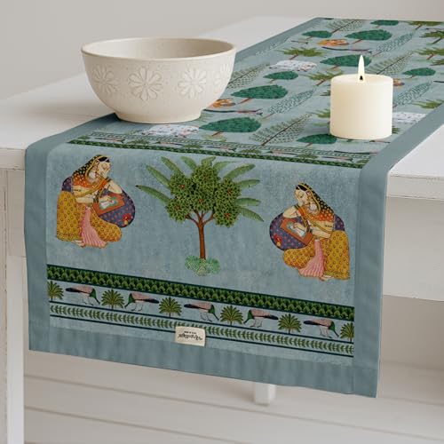 Vargottam Premium Cotton Table Runner - Lightweight Double Layer - Border Design - Machine Washable Farmhouse Table Decor - Asian