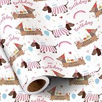 RUSPEPA Dog Birthday Wrapping Paper Roll for Girls, Mini Roll, Pink Dachshund with Cake, Balloon and \"Happy Birthday\" Text Design Gift Wrap for Kids, Pet Lovers, Puppy Party, 43.2cm x 5m